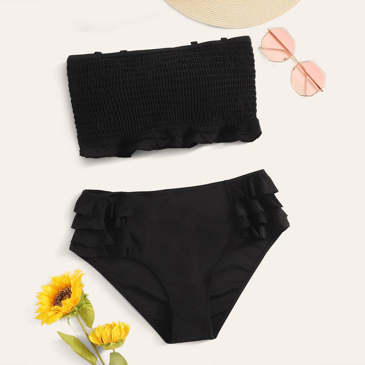 

Smocked Bandeau Layered Ruffle Bikini Swimsuit, Black