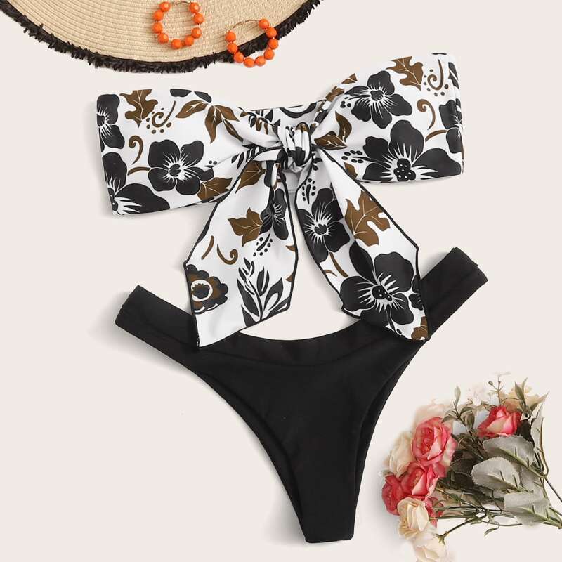 

Floral Knot Bandeau High Cut Bikini Swimsuit, Multicolor