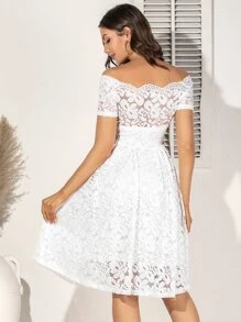 Off Shoulder Lace Overlay Midi Dress