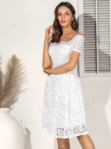 Off Shoulder Lace Overlay Midi Dress