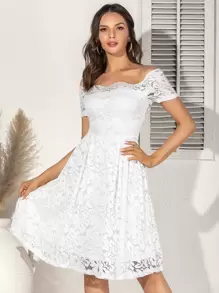 Off Shoulder Lace Overlay Midi Dress