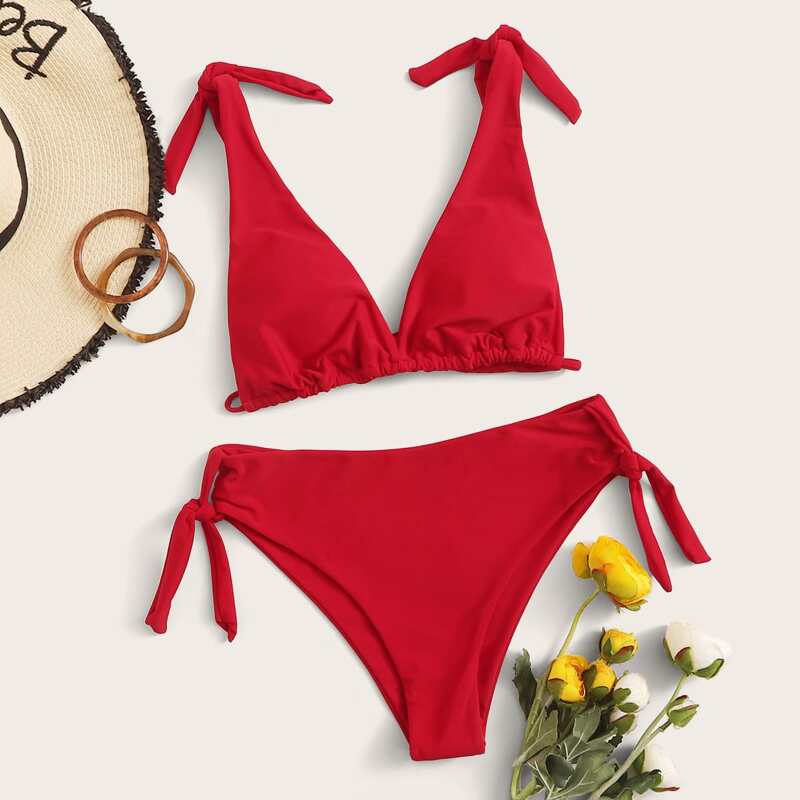 

Lace-up Back Tie Side Bikini Swimsuit, Red