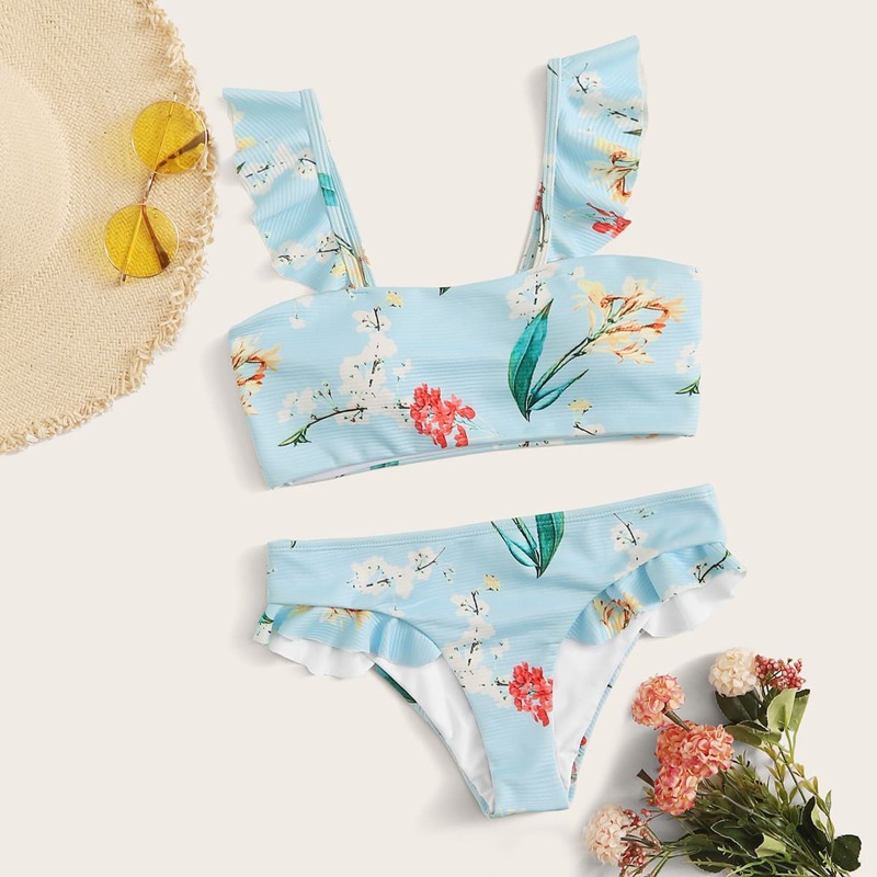

Ruffle Strap Floral Bikini Swimsuit, Blue