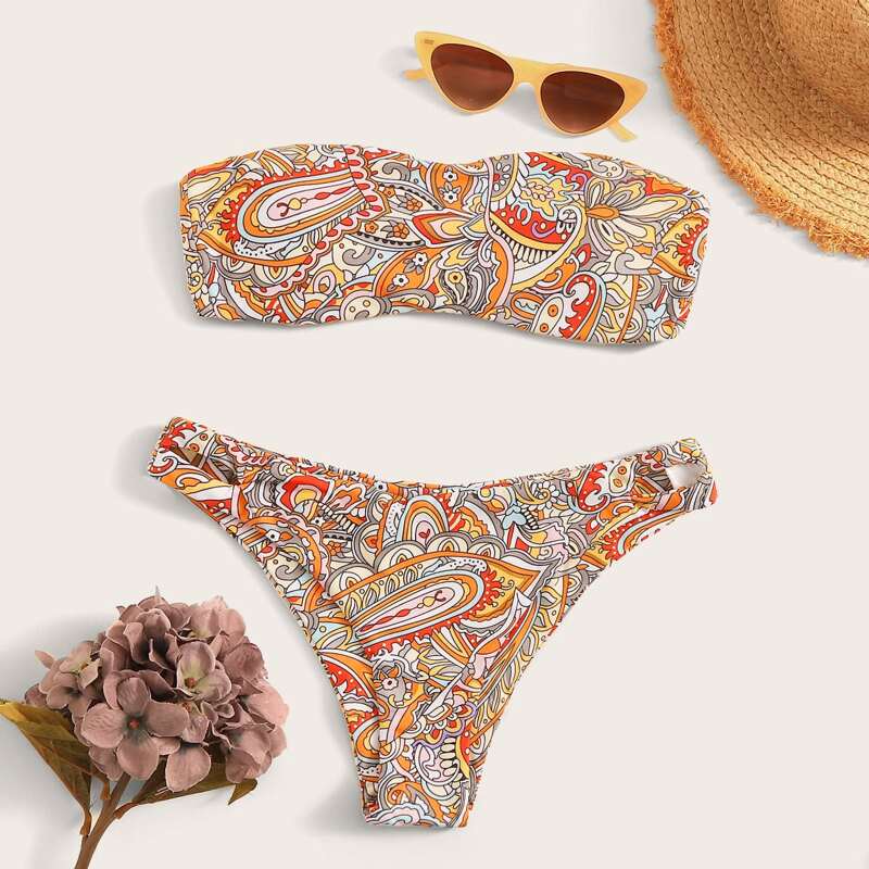 

Aztec Bandeau Cutout Bikini Swimsuit, Multicolor