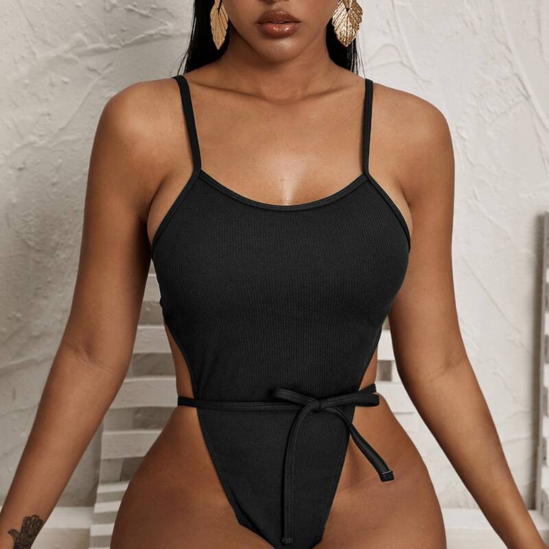 

Rib Tie Front One Piece Swimsuit, Black