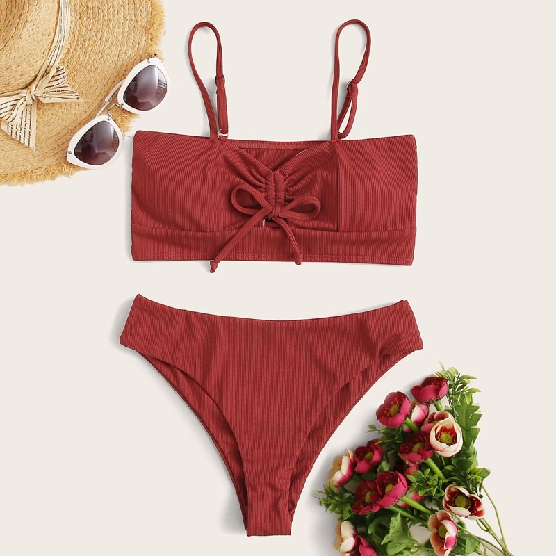 

Rib Drawstring Front Bikini Swimsuit, Red