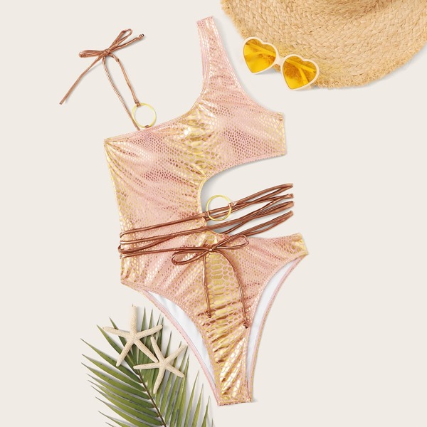

Croc Metallic Self Tie One Piece Swimsuit, Pink