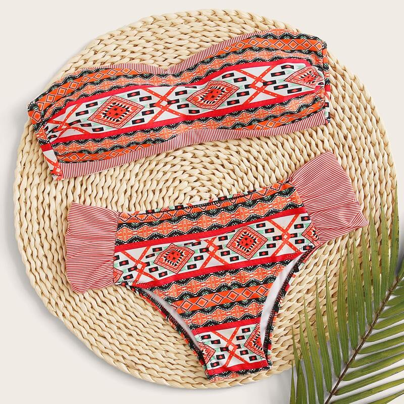 

Aztec & Striped Bandeau Bikini Swimsuit, Multicolor