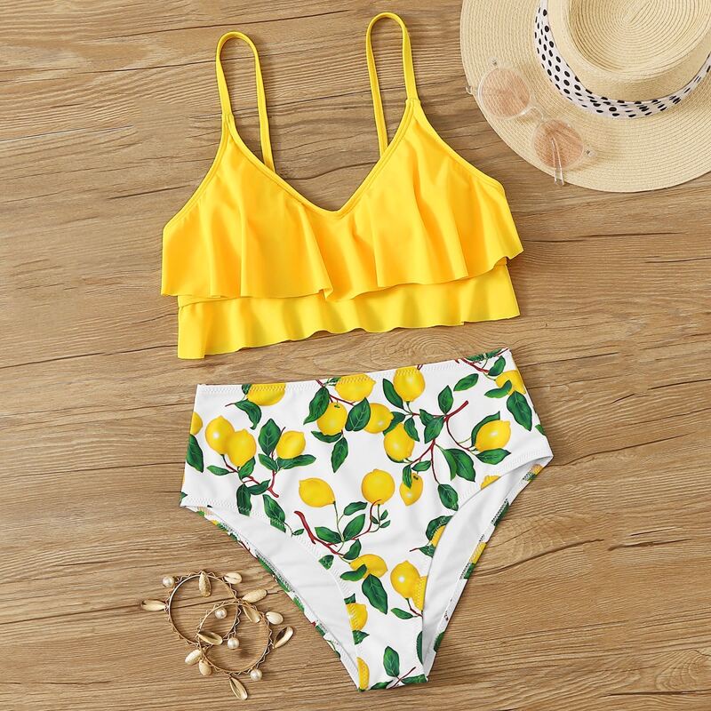 

Random Lemon Print Tiered Layer Bikini Swimsuit, Multicolor