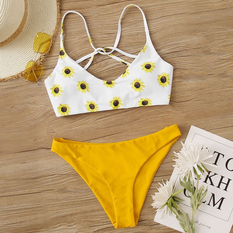 

Random Sunflower Tie Back Cheeky Bikini Swimsuit, Multicolor