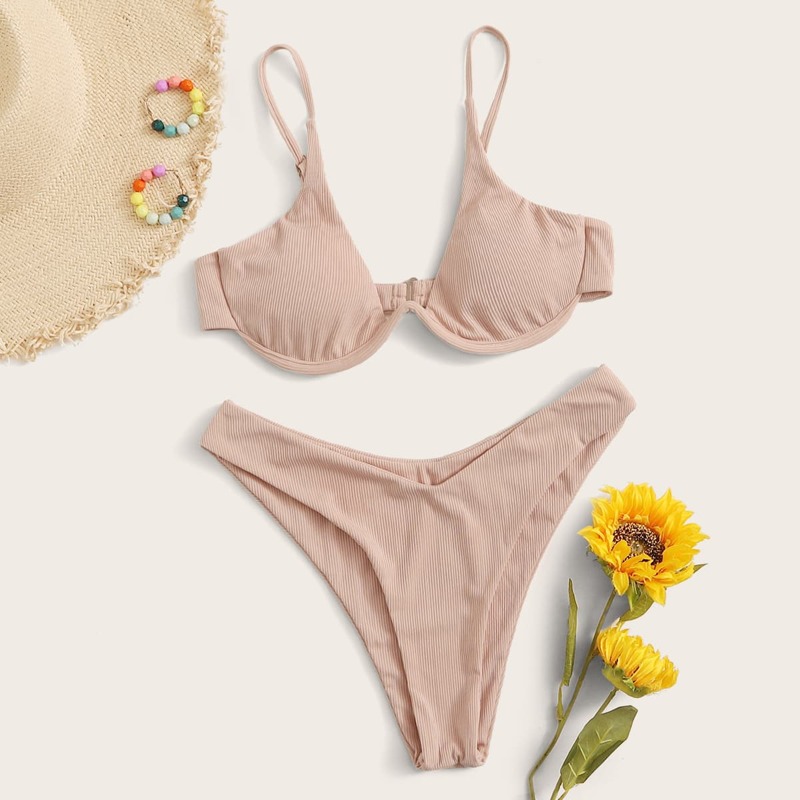 

Rib High Cut Underwire Bikini Swimsuit, Pink