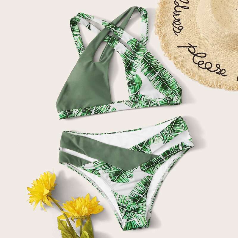 

Random Tropical Cut-out Criss-cross Bikini Swimsuit, Green
