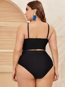 SHEIN Swim Curve Plus Size Summer Beach Contrast Mesh High Waisted Bikini Set - Black - View 2
