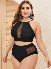 SHEIN Swim Curve Plus Size Summer Beach Contrast Mesh High Waisted Bikini Set - Black - View 4