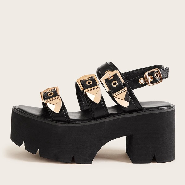 

Pin Buckle Strap Slingback Platform Chunky Heels, Black