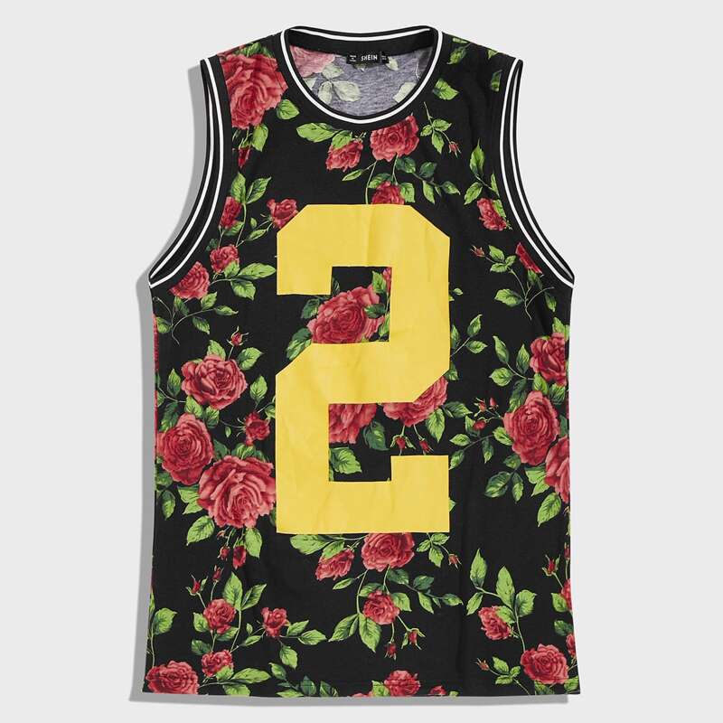 

Guys Striped Trim Number & Floral Print Tank Top, Multicolor