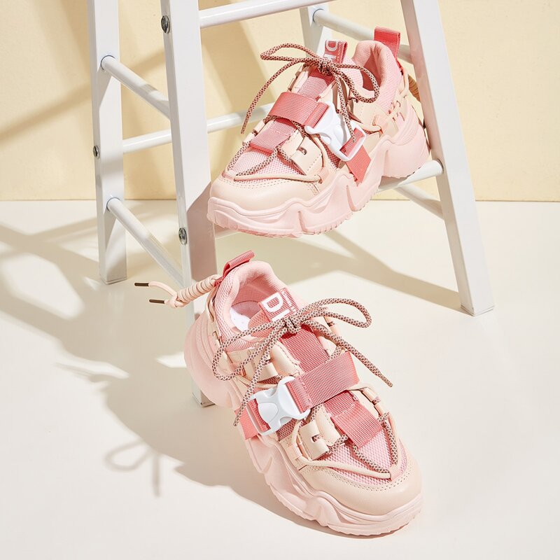 

Lace-up Mesh Chunky Sneakers, Pink
