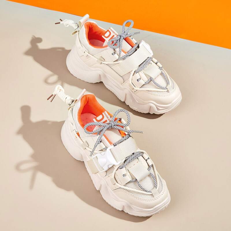 

Release Buckle Strap Mesh Chunky Sneakers, White