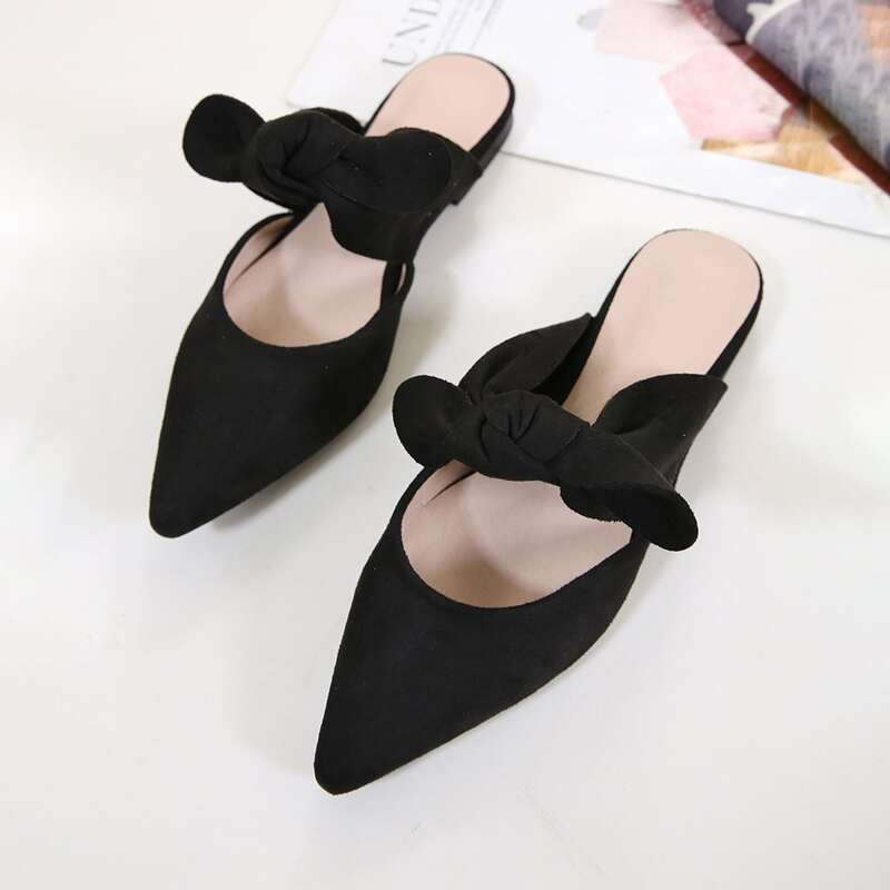 

Point Toe Bow Knot Decor Flat Mules, Black