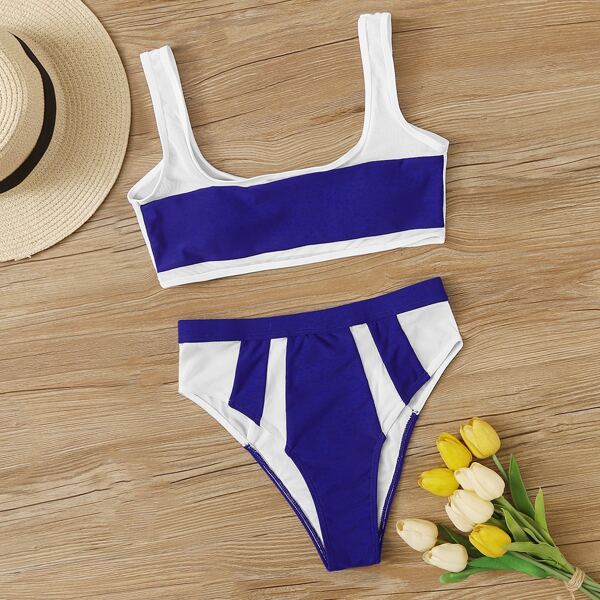

Contrast Mesh Two Tone Bikini Swimsuit, Multicolor