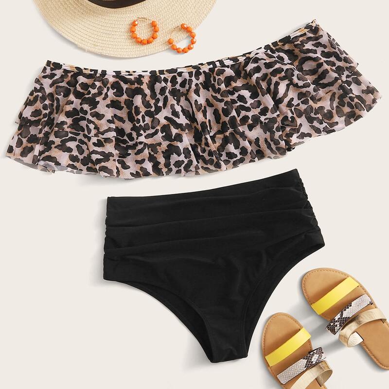 

Leopard Tiered Layer High Waisted Bardot Bikini Swimsuit, Multicolor