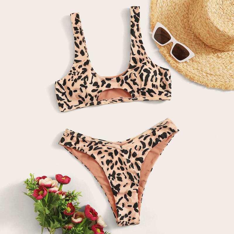 

Leopard Ribbed Cutout Front High Cut Bikini Swimsuit, Multicolor