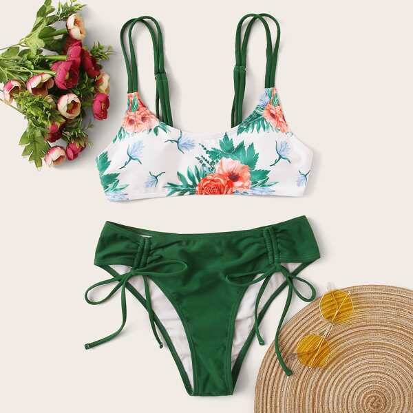 

Floral Print Drawstring Bikini Swimsuit, Multicolor