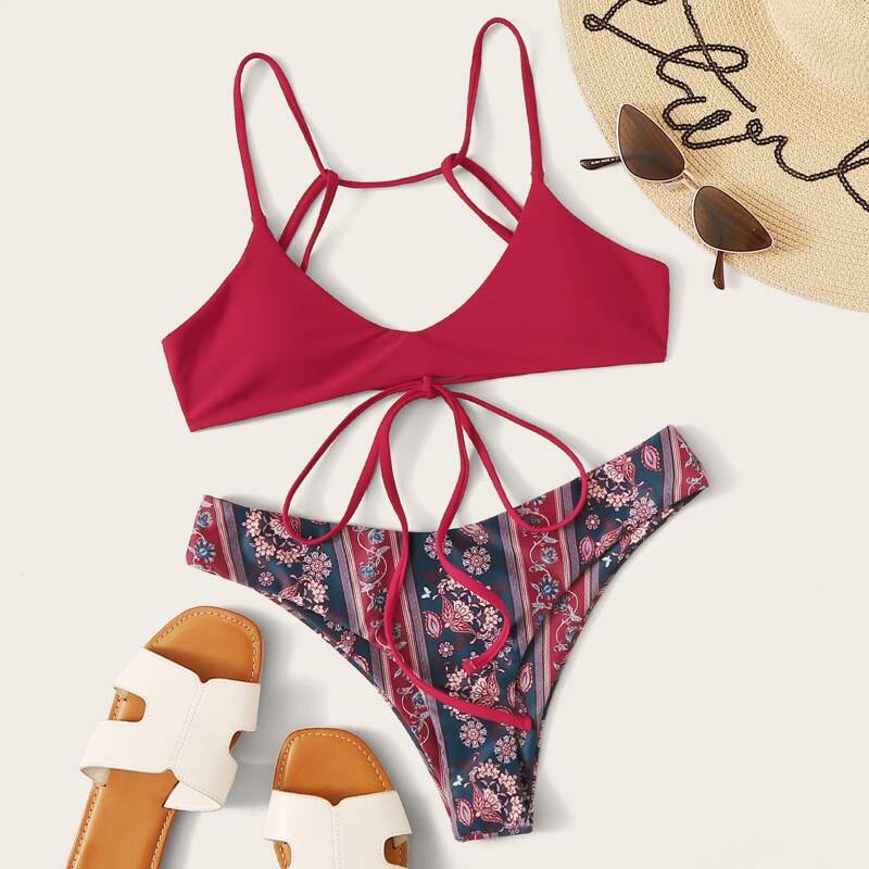 

Tie Back Tribal Cheeky Bikini Swimsuit, Multicolor