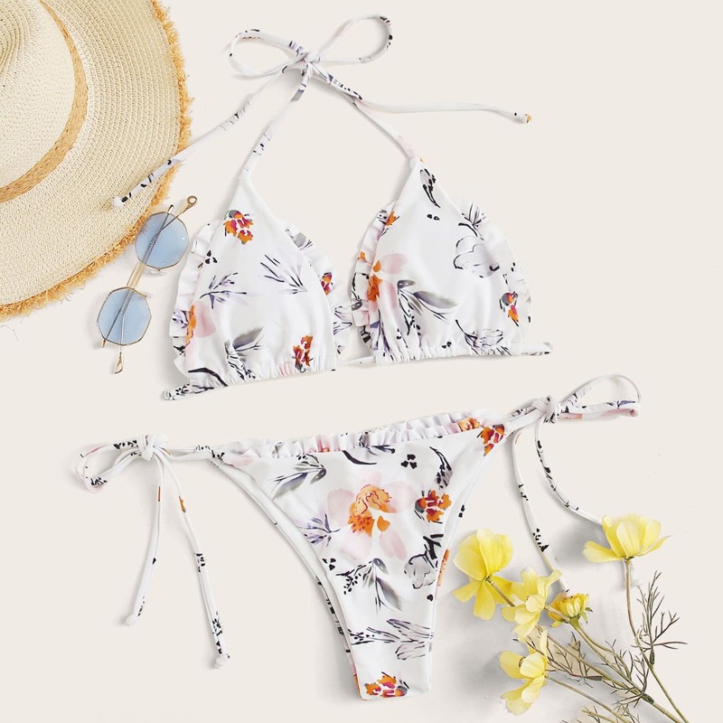 

Floral Frill Trim Triangle Tie Side Bikini Swimsuit, Multicolor