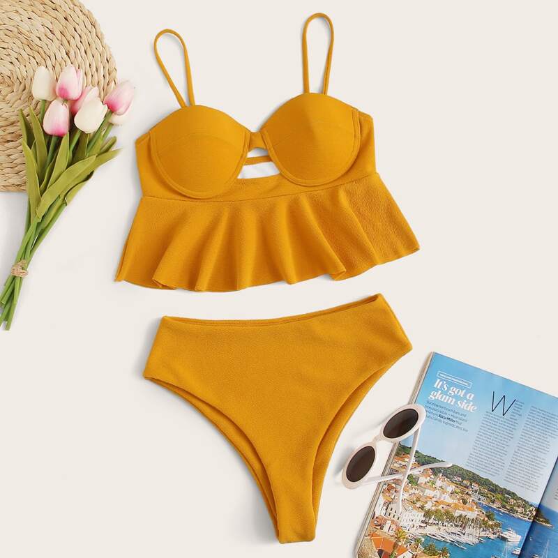 

Textured Ruffle Hem Underwire Bikini Swimsuit, Yellow