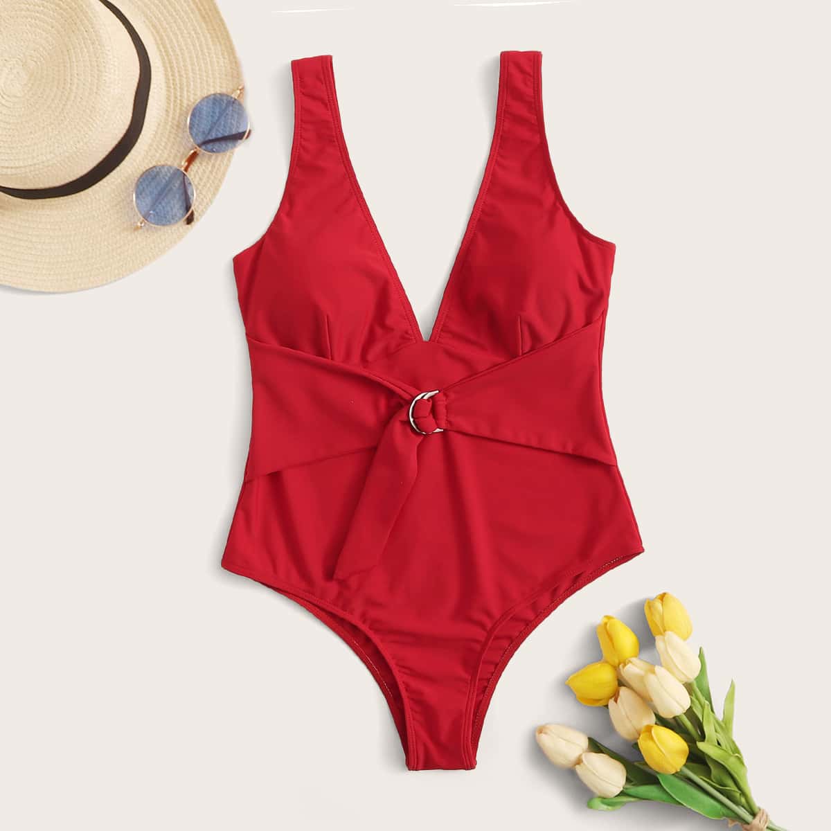 

Buckle Detail One Piece Swimsuit, Red