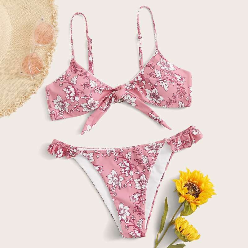 

Random Floral Knot Front Tanga Bikini Swimsuit, Pink