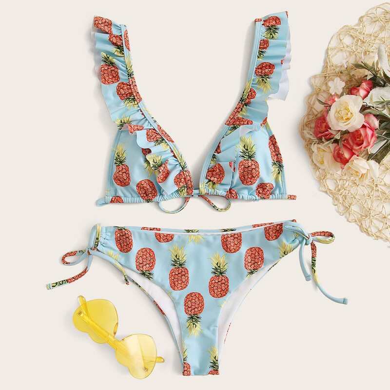 

Random Pineapple Ruffle Trim Tie Side Bikini Swimsuit, Multicolor