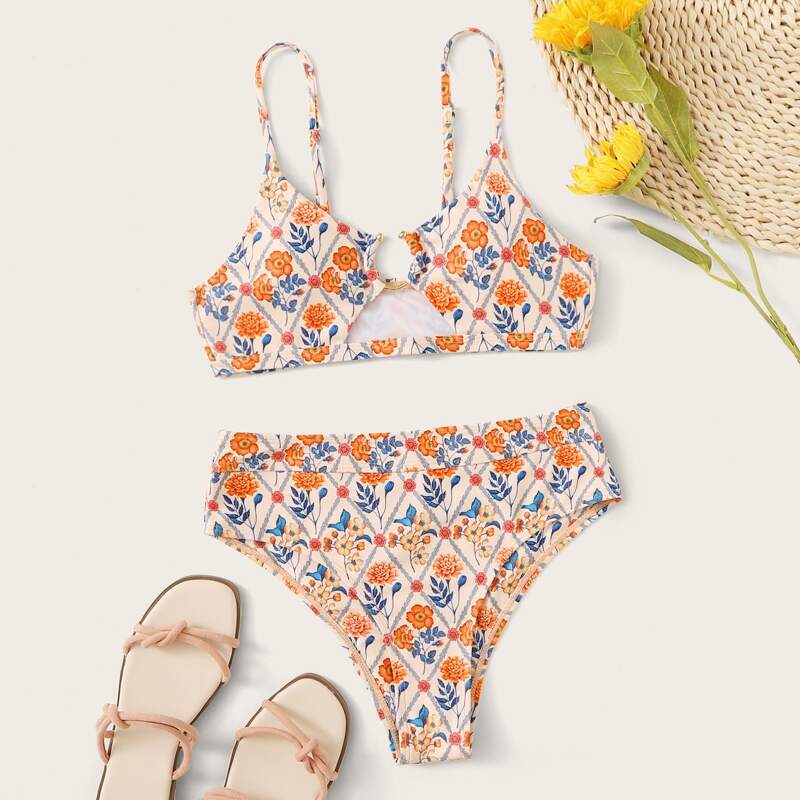 

Floral Random Cutout Front High Waist Bikini Swimsuit, Multicolor
