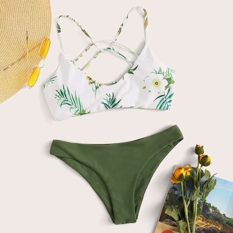 

Plant Tie Back Bikini Swimsuit, Multicolor