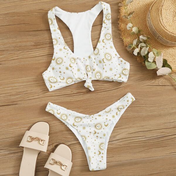 

Tribal Print Tie Front High Cut Bikini Swimsuit, White