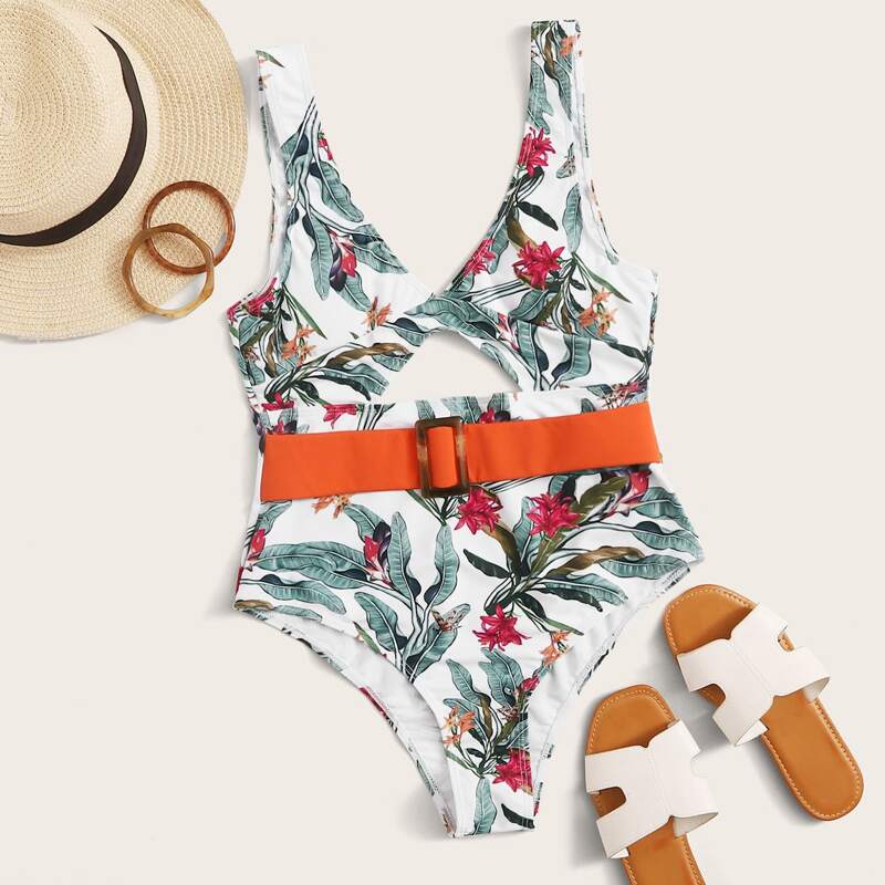 

Plant Random Print Cutout One Piece Swimsuit, Multicolor