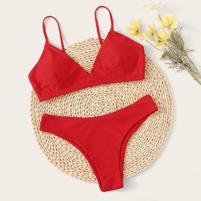 

Solid Wireless High Leg Bikini Swimsuit, Red