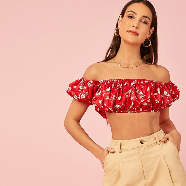 

Off Shoulder Floral Print Crop Top, Red