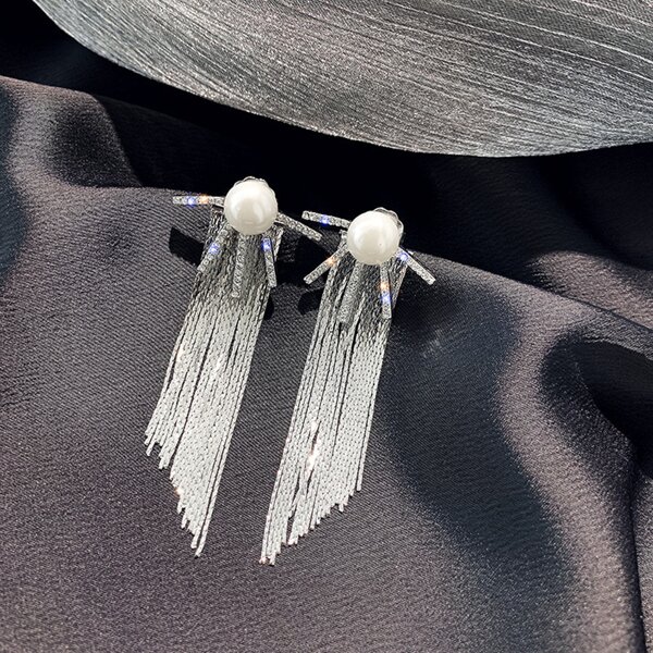 

1pair Faux Pearl Decor Tassel Drop Earrings, Silver