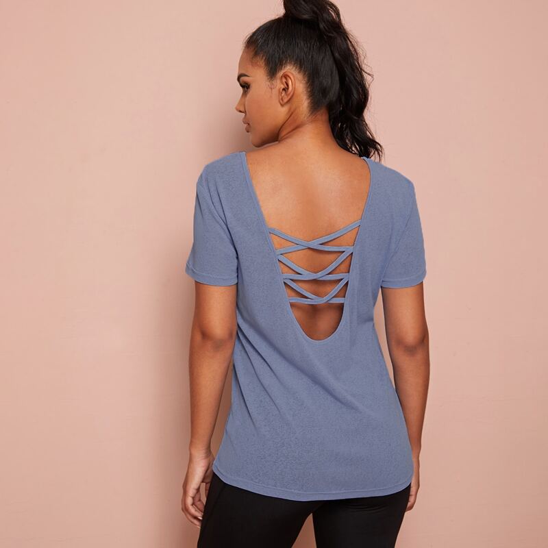 

Solid Criss Cross Back Sports Tee, Blue