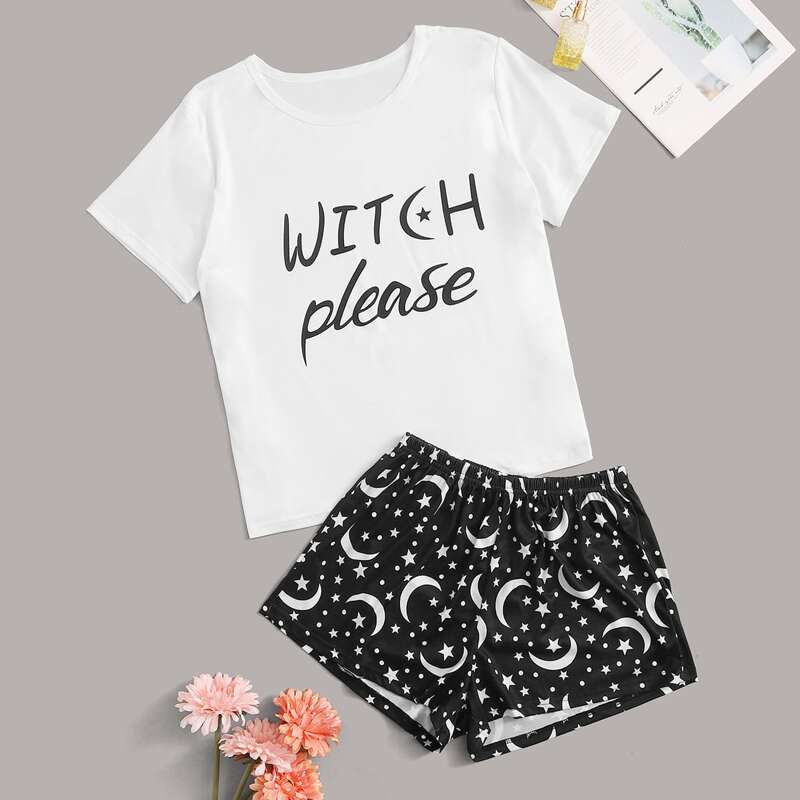 

Galaxy & Letter Graphic PJ Set, Black and white