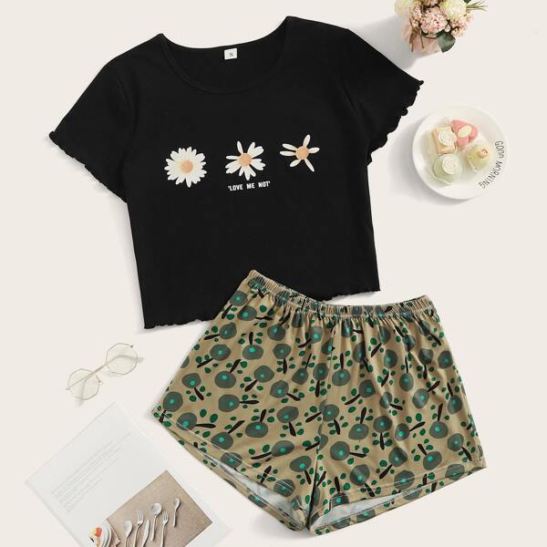 

Daisy Print Lettuce Trim PJ Set, Multicolor