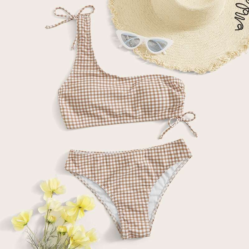 

Gingham Tie Side One Shoulder Bikini Swimsuit, Brown