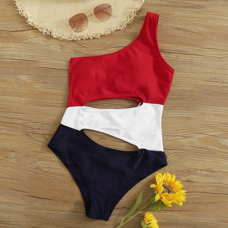 

Color Block One Shoulder One Piece Swimsuit, Multicolor