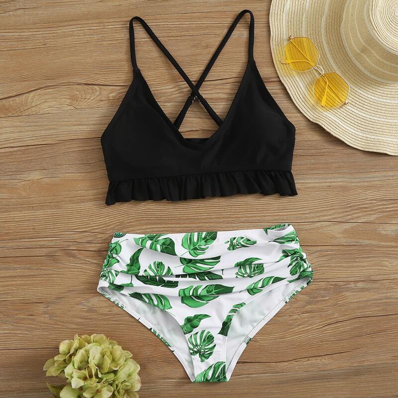 

Tropical Ruffle Hem High Waisted Bikini Swimsuit, Multicolor