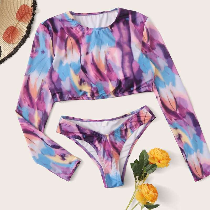 

Tie Dye Long Sleeve Cheeky Bikini Swimsuit, Multicolor