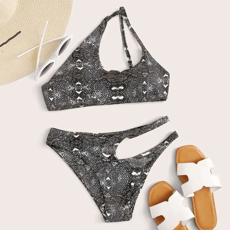 

Snakeskin Cut Out Bikini Swimsuit, Grey
