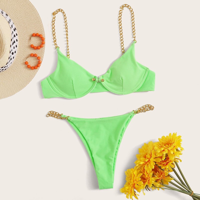 

Chain Strap Underwire Tanga Bikini Swimsuit, Green bright