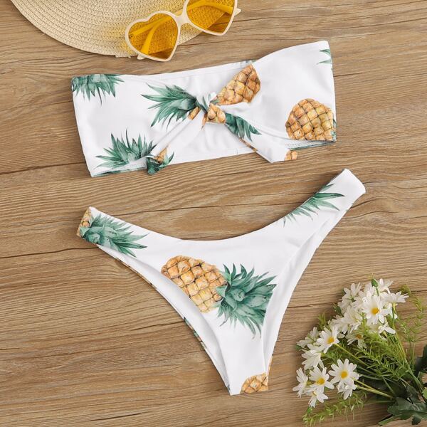 

Pineapple Print Tie Front High Cut Bikini Swimsuit, Multicolor